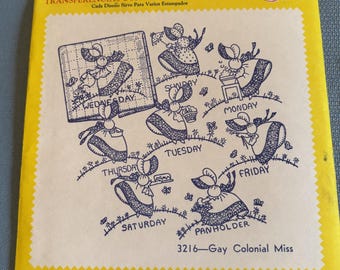 Vintage Aunt Martha's Hot Iron Transfers Gay Colonial Miss Days of the Week 3216 Unused Uncut