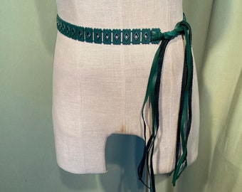 Original Vintage 60s 70s Boho Dark Green Plastic Tile Belt w Faux Leather String Ties 26" Tile Section 58" Overall