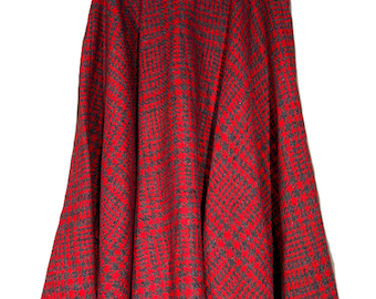 Sweet Original Vintage Mid-Century Red & Gray Wool Houndstooth Weave Circle Skirt Waist 26" Hip 52" Length 25.5"