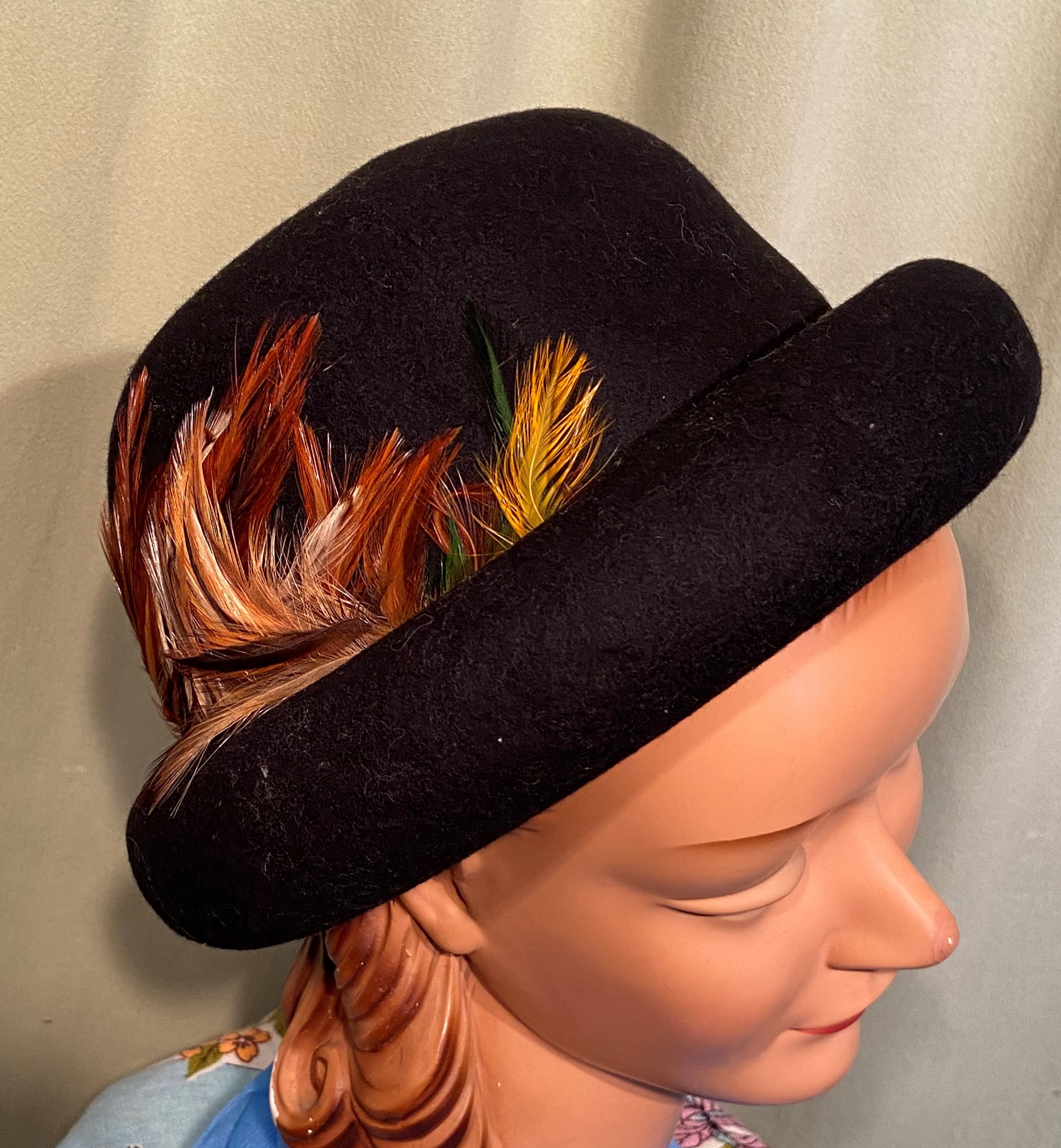 Original Vintage Mid Century Black Felt Bowler Derby Hat W  display picture 2