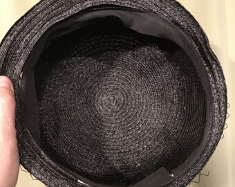 Chic Original Vintage Mid Century Black Raffia High Dome Hat