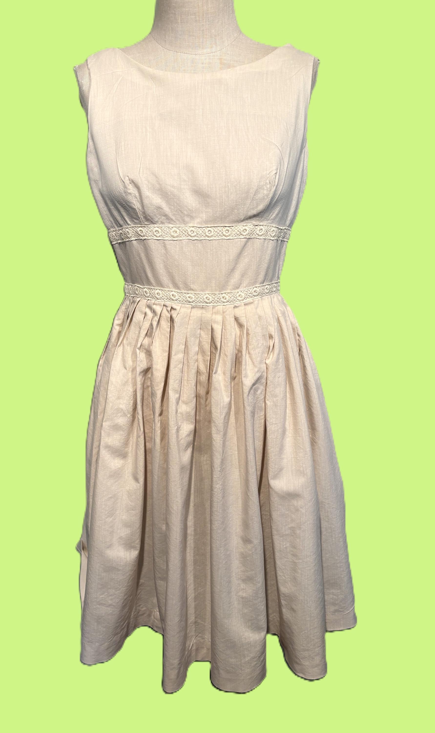 Charming Original Vintage Mid Century Beige Cotton Sleeveless Fit and Flare Dress w Lace Waist Trim Tag Size 16 Bust 34 Waist 28 Hip 58
