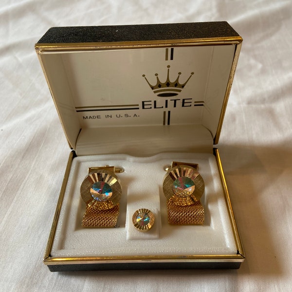 Handsome Vintage Deadstock Elite French Cufflinks & Tie Tack Pin Set Iridescent Prism Stones Gold Tone