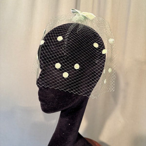 Sweet Original Vintage Mid-Century Chartreuse Green Fascinator Veil Hat with Velvet Bows & Dots in Original Box