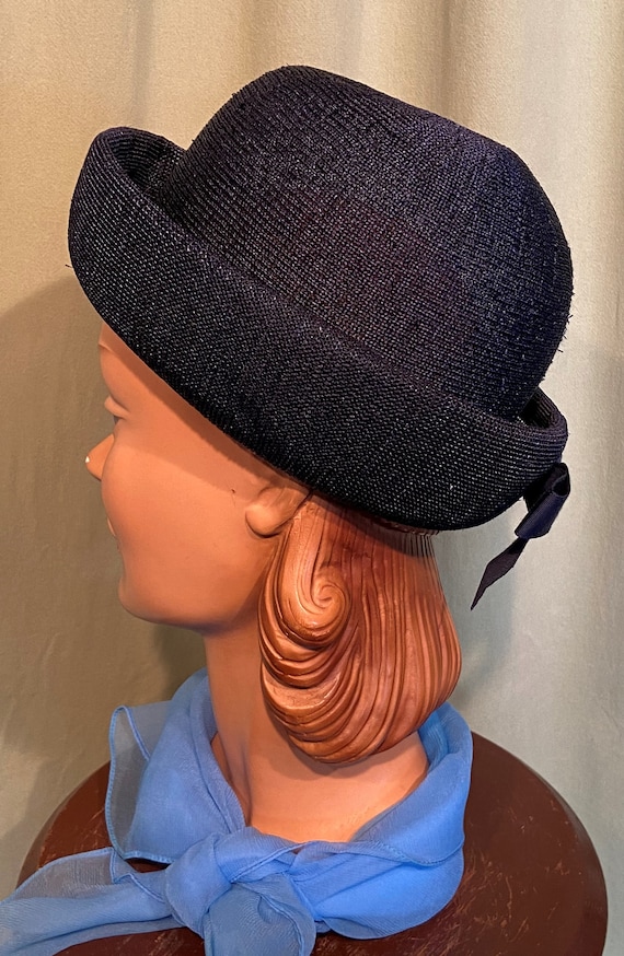 Original Vintage 50s 60s Navy Blue Mesh Bowl Hat … - image 4