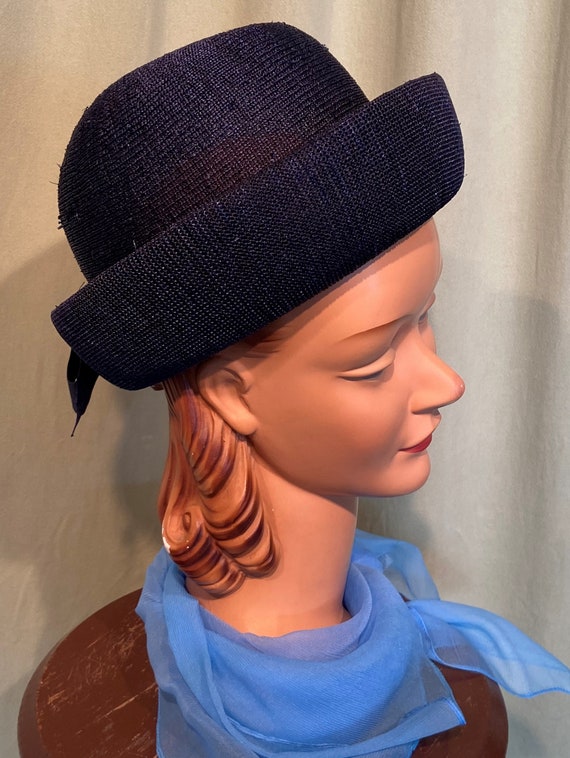 Original Vintage 50s 60s Navy Blue Mesh Bowl Hat … - image 2