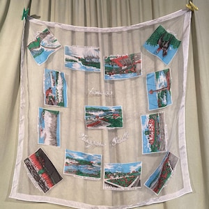 Charming Original Vintage Mid Century Souvenir Nylon Rayon Semi Sheer Scarf Niagara Falls, Canada About 25&quot; Square