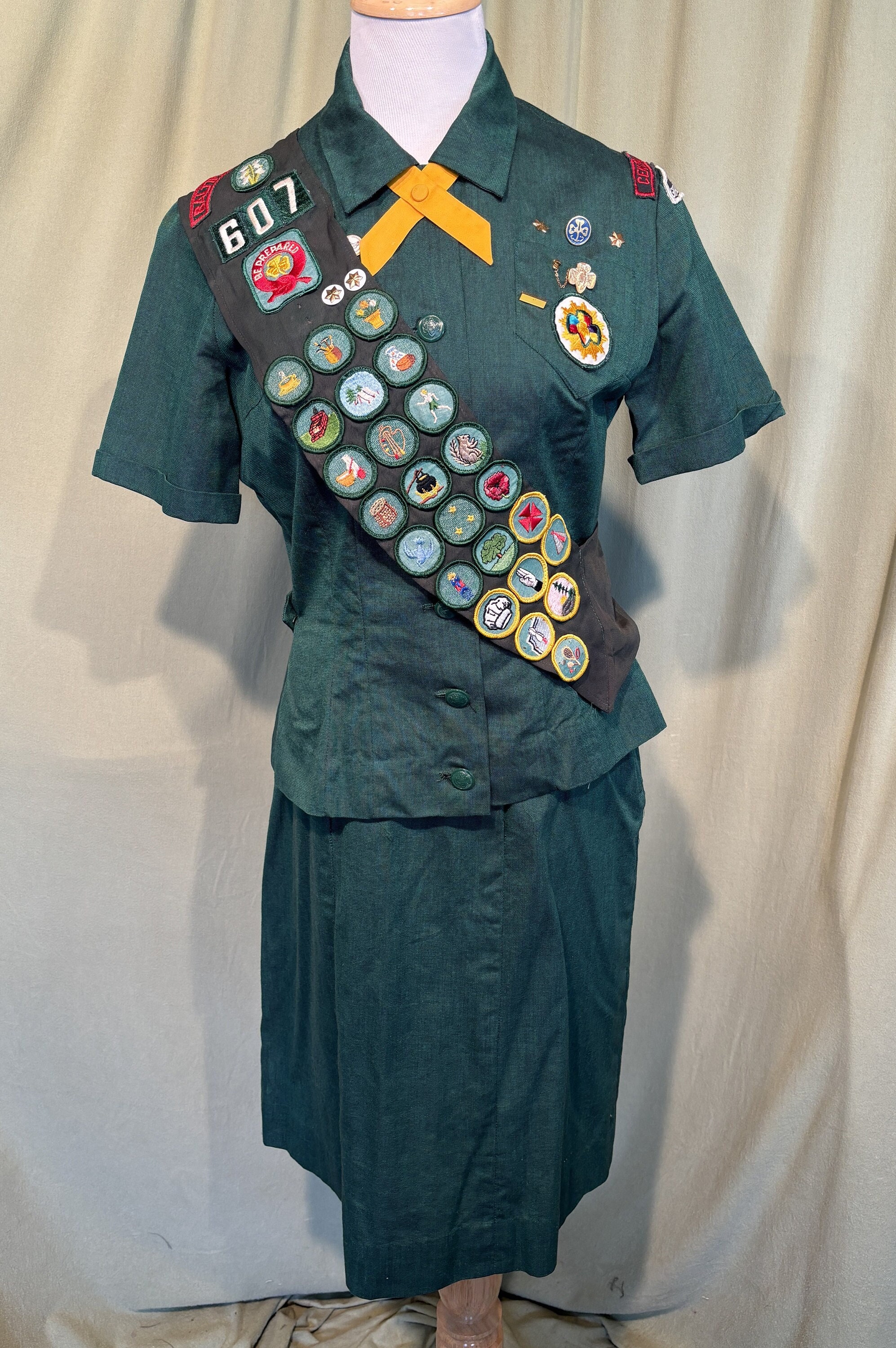 Vintage 1960's Boy Scout Uniform Sash Olive Green 12 Patches Hand