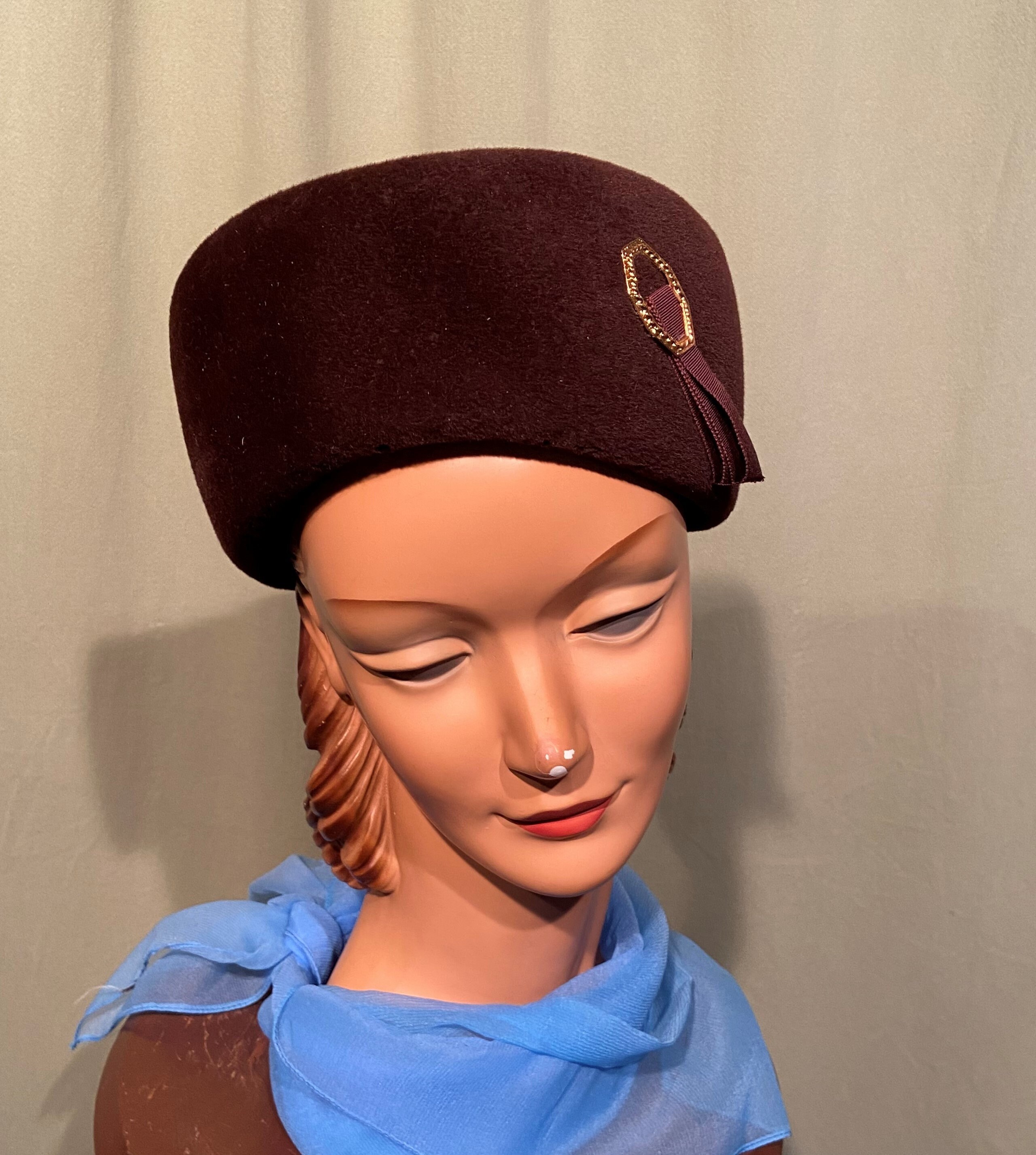 Taupe velvet pillbox winter fascinator main image 1