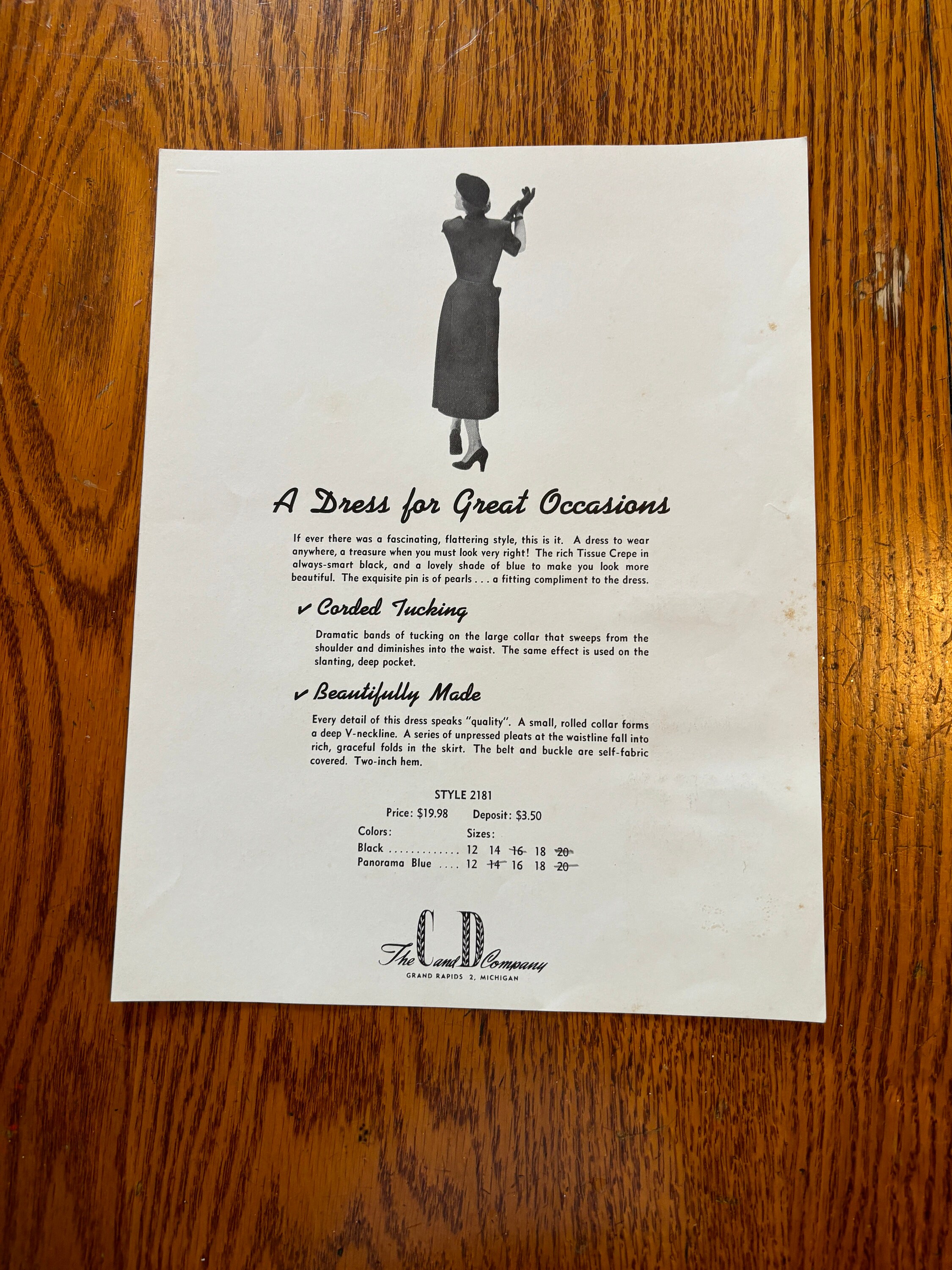 Original Vintage 1951 C & D Company Fashion Flyer Page