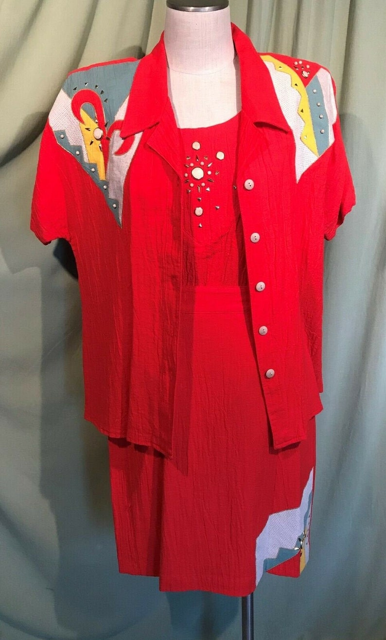 Funky Original Vintage 80s Nancy Bolen City Girl 3 Pc Red Embellished Crinkle Skirt Suit Size M Bust 42 image 1