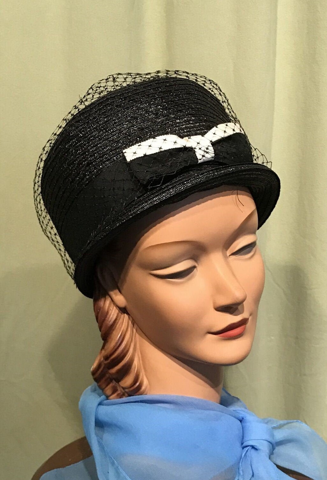 Chic Original Vintage Mid Century Black Raffia High Dome Hat