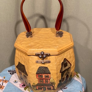 Fun Original Vintage 50s Hand Crafted Decoupage Wood Box Handbag Purse Charming Village Buildings