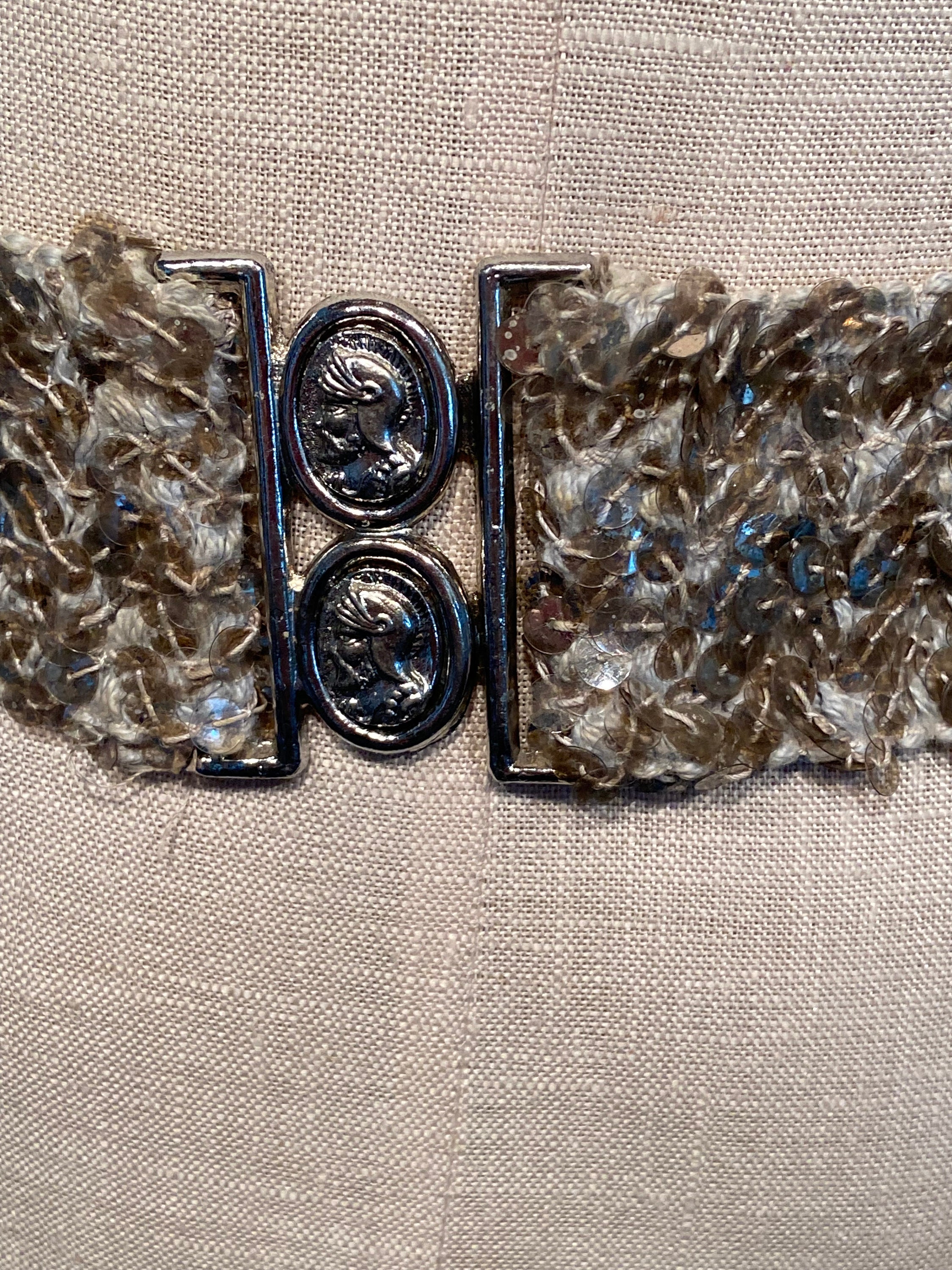 Original Vintage 80s Silver Sequin Elastic Belt With Silver 