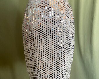 Funky Original Vintage 80s White Rayon Skirt w Silver Sequins Tag Size Medium Waist 26"