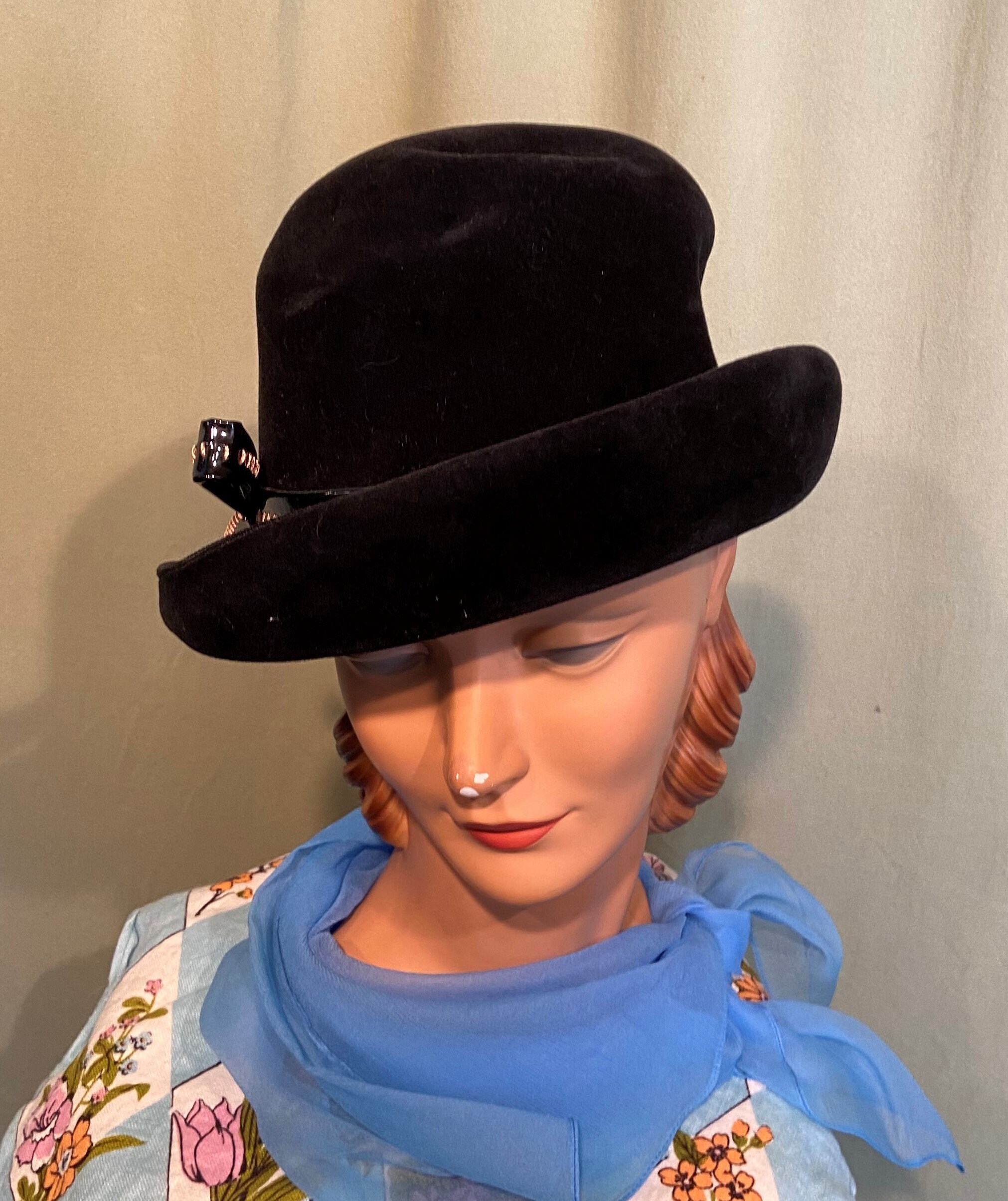 Original Vintage 60s Black Velour Bowler Derby Hat W Vinyl 