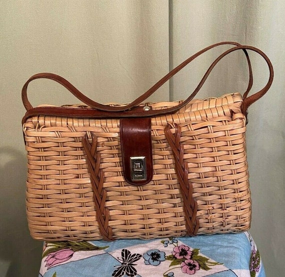 Black Wicker Woven Coloriful Leather Straps Wood Bottom Basket Bag Purse |  eBay