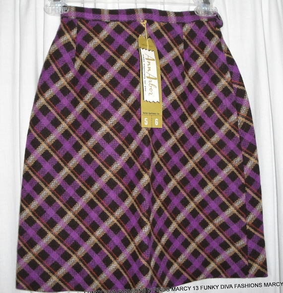 Deadstock NWOT Original Vintage 70s Wool Blend Purple Plaid Ann Arbor A Line Skirt Waist 21 Size 5 6