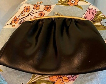 Cute Original Vintage Mid Century Black Faux Leather Vinyl Small Clutch Purse w Optional Chain  Handle