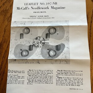 Original Vintage McCall Leaflet No 397-NB Gehäkelte "Fiesta" Luncheon Tischsets