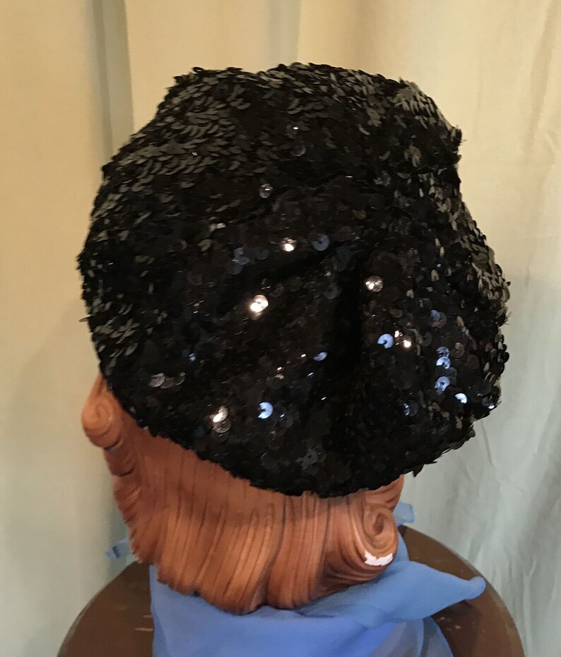 Fun Original Vintage 90s Black Sequin Stretch Beret Tam Hat Small Size