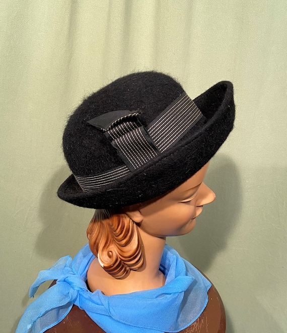 Sweet Original Vintage 60s Mod Black Fuzzy Felt Boater Hat W  display picture 1