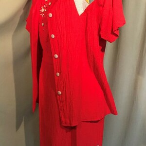 Funky Original Vintage 80s Nancy Bolen City Girl 3 Pc Red Embellished Crinkle Skirt Suit Size M Bust 42 image 4