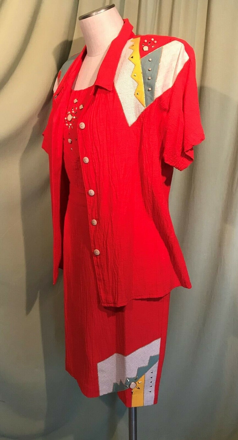 Funky Original Vintage 80s Nancy Bolen City Girl 3 Pc Red Embellished Crinkle Skirt Suit Size M Bust 42 image 4