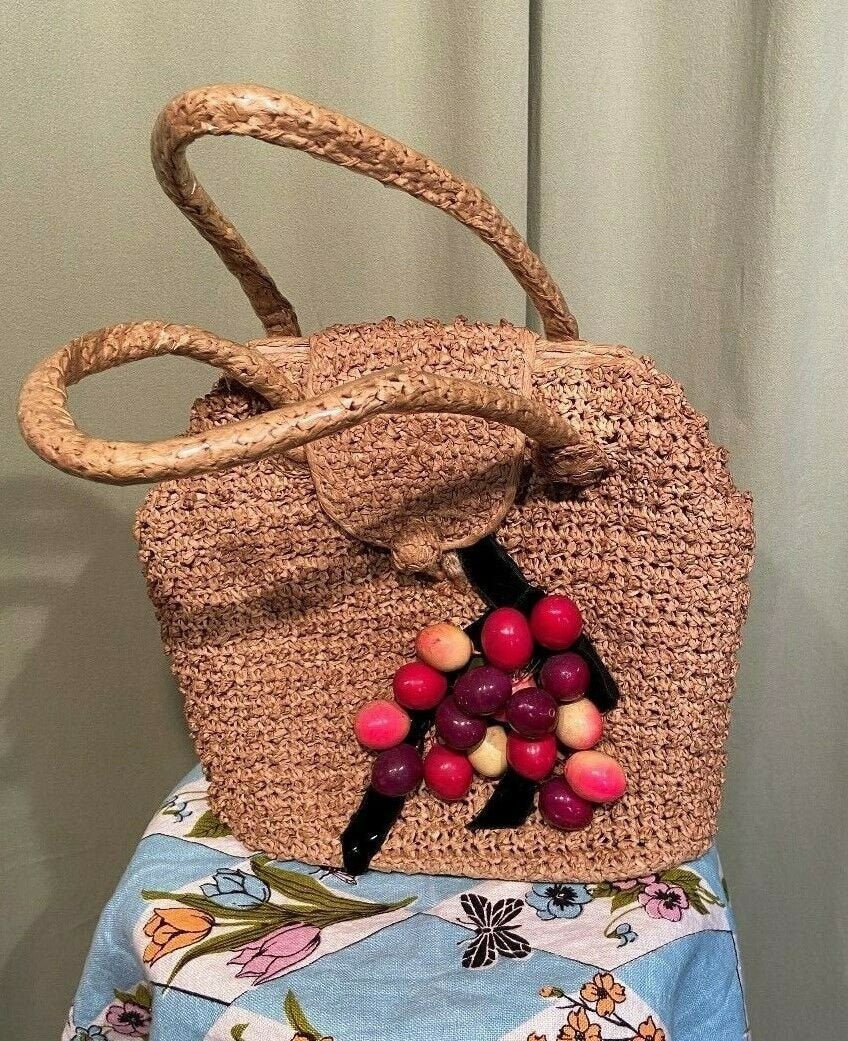 Fruit Pom Straw Crossbody Bag