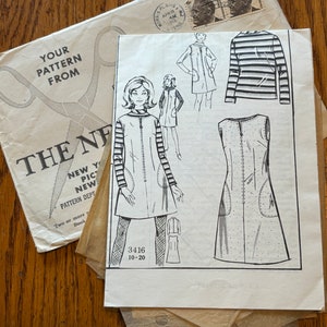 May include: A vintage sewing pattern for a sleeveless dress with a zipper closure and pockets. The pattern is for size 10-20 and is labeled 3416.