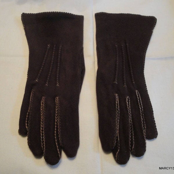 Chic Original Vintage Mid Century Shalimar Dark Brown Rayon  Lined Short Dress Gloves Size 7