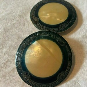 Sweet Original Vintage 1920s Small Art Deco 2 Piece Celluloid and Metal Buckle Teal Green & Cream image 2