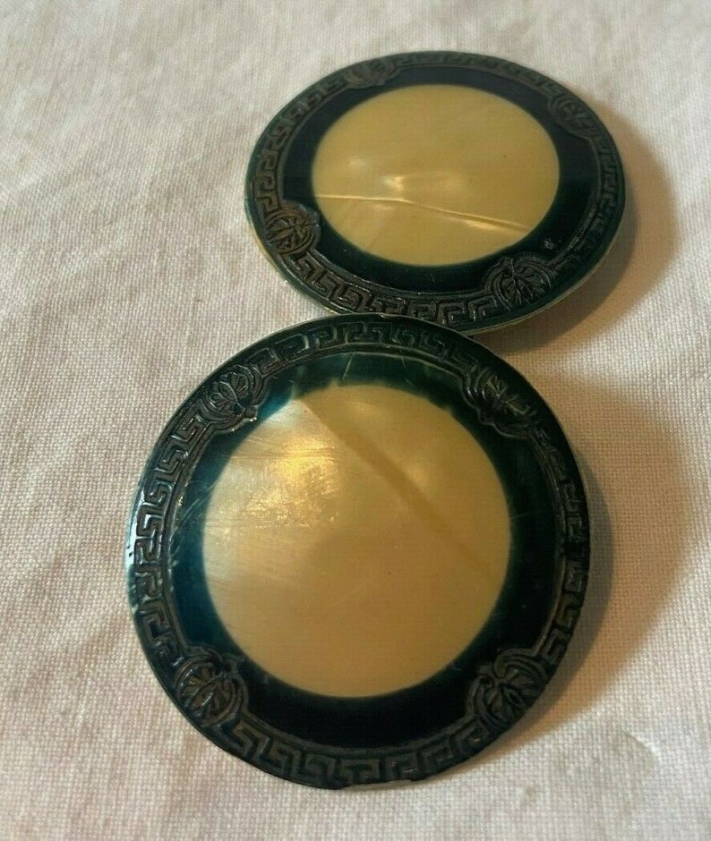 Sweet Original Vintage 1920s Small Art Deco 2 Piece Celluloid and Metal Buckle Teal Green & Cream image 2