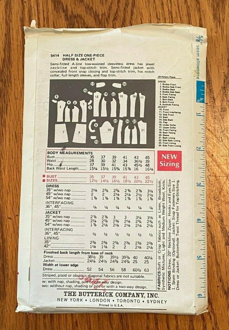 Original Vintage 1960s Butterick Jacket /& Shift Dress Pattern 5414 Size 22-12 Bust 45 Factory Folded Complete w Instructions