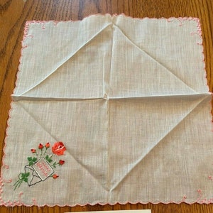 Charming Vintage Machine Embroidered Handkerchief Hankie Hanky Happy Birthday White & Pink