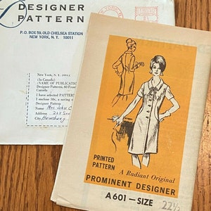 May include: A vintage sewing pattern for a dress, featuring a woman in a white dress with a bow at the neck. The pattern is labeled "A Radiant Original Prominent Designer A601 - Size 22 1/2".