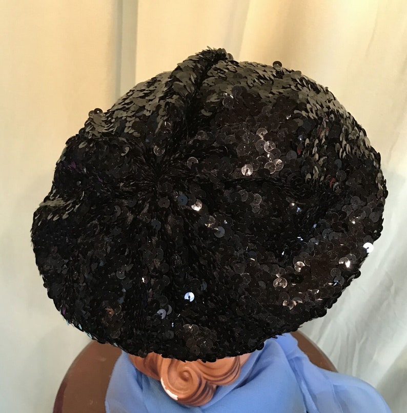 Fun Original Vintage 90s Black Sequin Stretch Beret Tam Hat Small Size