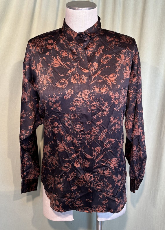 Diane von Furstenberg, Original Vintage 80s Diane Von Furstenberg Long Dolman Sleeve Button Front Black & Rust Floral Blouse Dropped Shoulders Tag Size 8 Bust 38