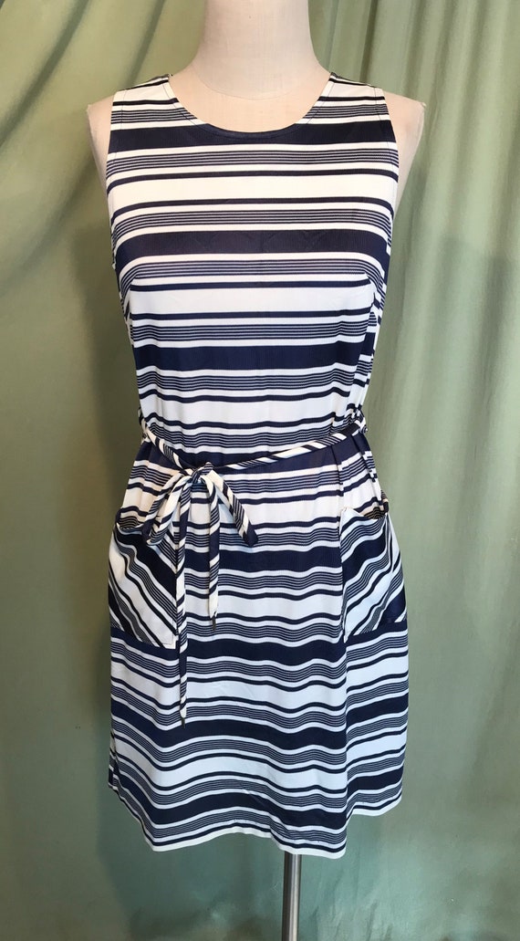 Sweet Vintage 60s Sleeveless Belted Nylon Dress with Navy Blue & White Horizontal Stripes Bust 36 Waist 36 Sweet Vintage 60s Sleeveless Belted Nylon Dress with Navy Blue & White Horizontal Stripes Bust 36 Waist 36