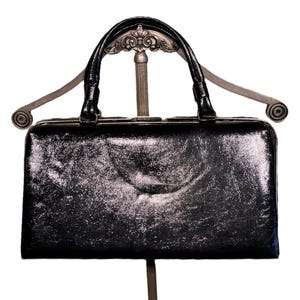 Bolso de mano con doble asa, estilo vintage, elegante y original, de mediados de siglo, de piel de charol negra Dover