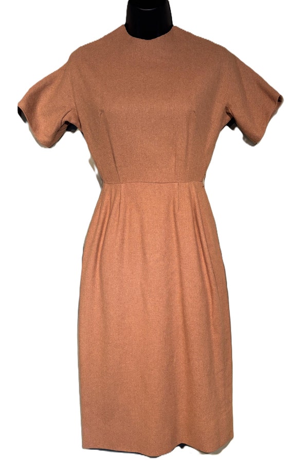 Tiny Original Vintage Mid-Century Carmel Brown Wool Short Sleeve Sheath Dress Bust 34 Waist 22