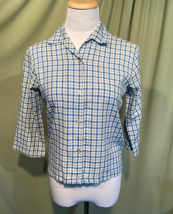 Cute Original Vintage 60s Blue Gray Plaid Cotton … - image 6