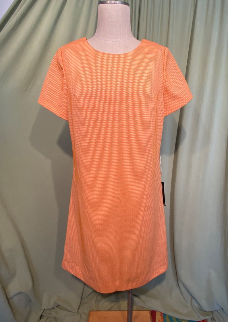 Deadstock NWT Original Vintage 70s L'Iglon Orange & Cream Tweed Check Polyester Short Sleeve Shift Dress Tag Size 20 Bust 42 Waist 42 image 1