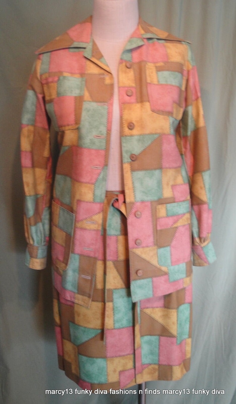 Fun Original Vintage 70s Patchwork Print Cotton Safari Jacket /& Wrap Skirt Suit Bust 34 Waist 24 Teeny Spots