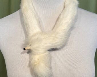 2 Sweet Original  Vintage Mid Century White Ermine Scarfs w Clips 1 w Black Tipped Tail 19" & 15" Long by 1.5" Wide