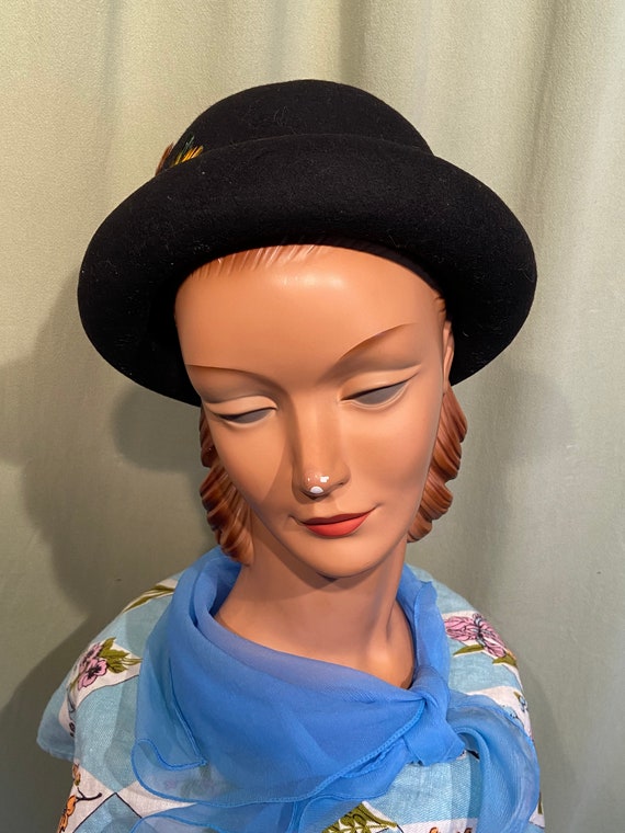 Original Vintage Mid Century Black Felt Bowler De… - image 2