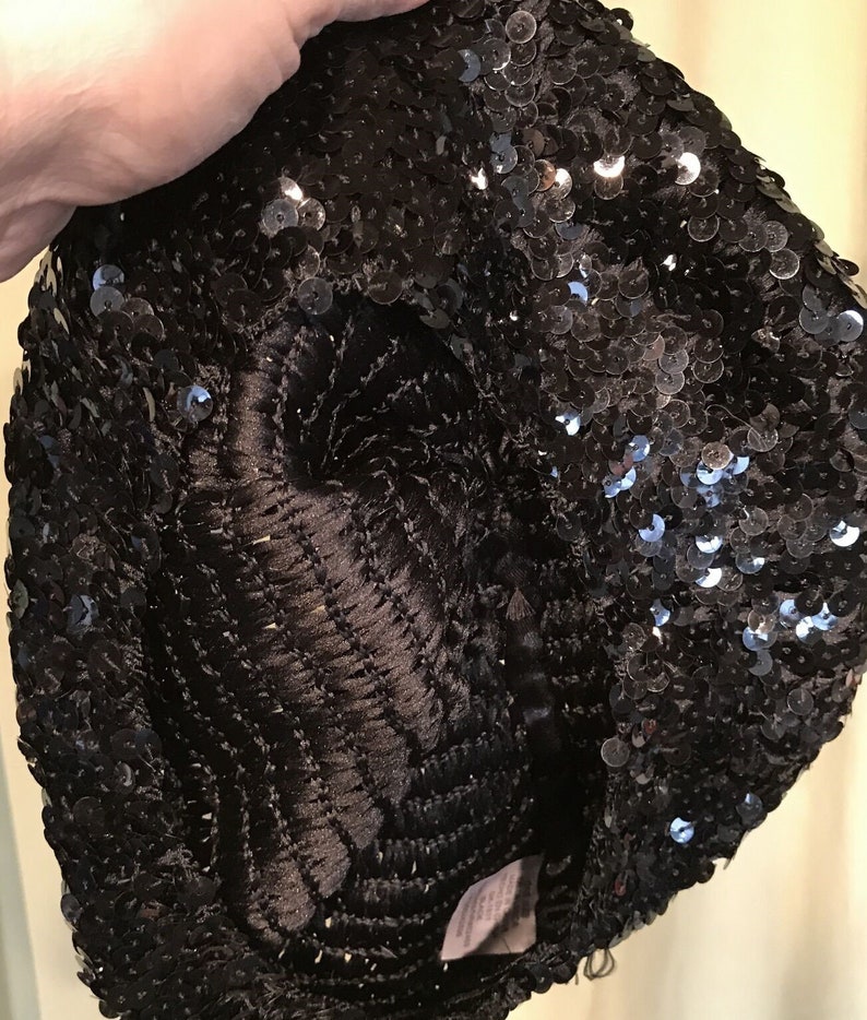 Fun Original Vintage 90s Black Sequin Stretch Beret Tam Hat Small Size