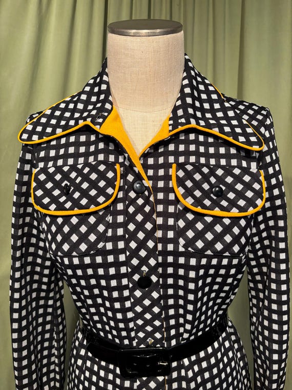 Original Vintage 70s Black & White Check Polyester Shirt Dress