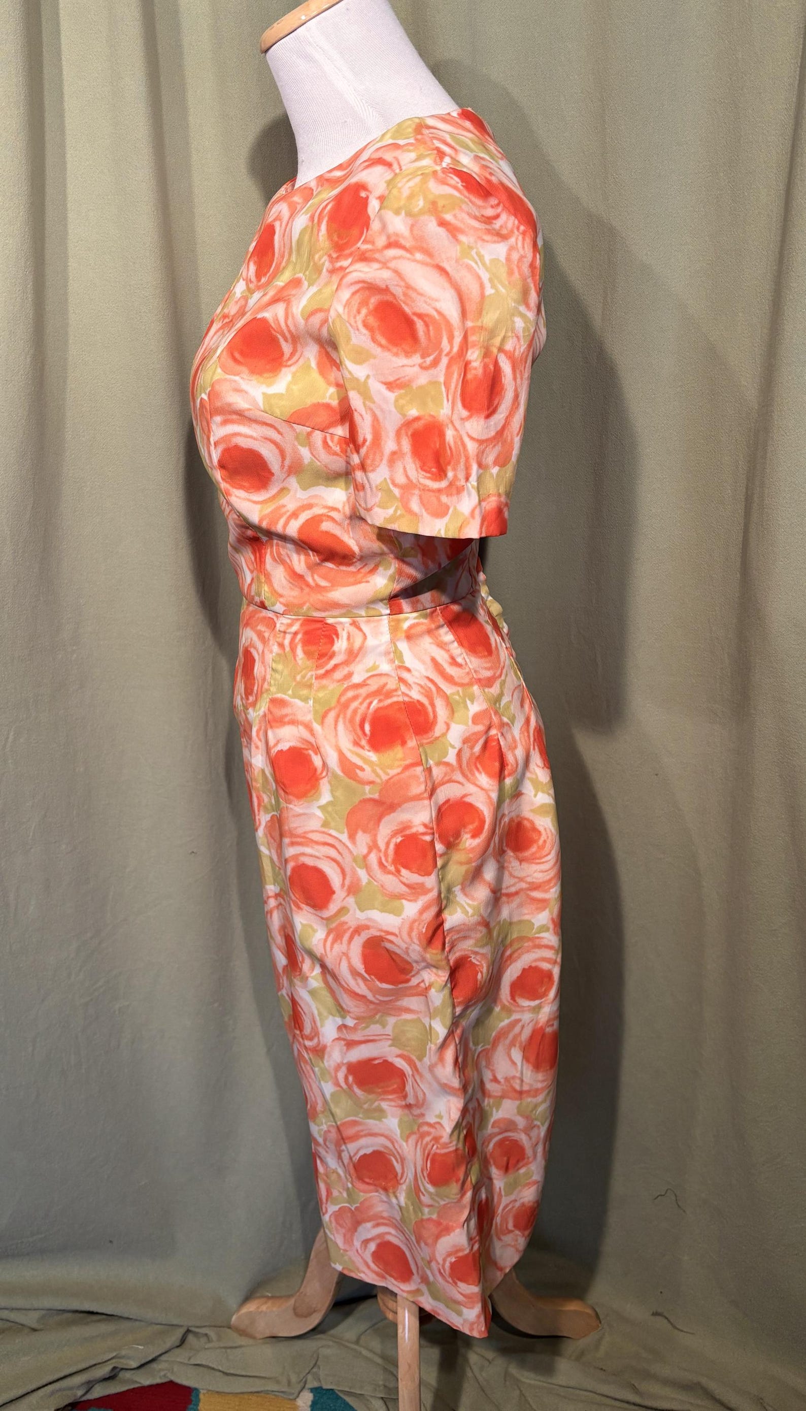 Vintage 70s Collared Fitted Floral Dress Beige Orange Brown 8 10