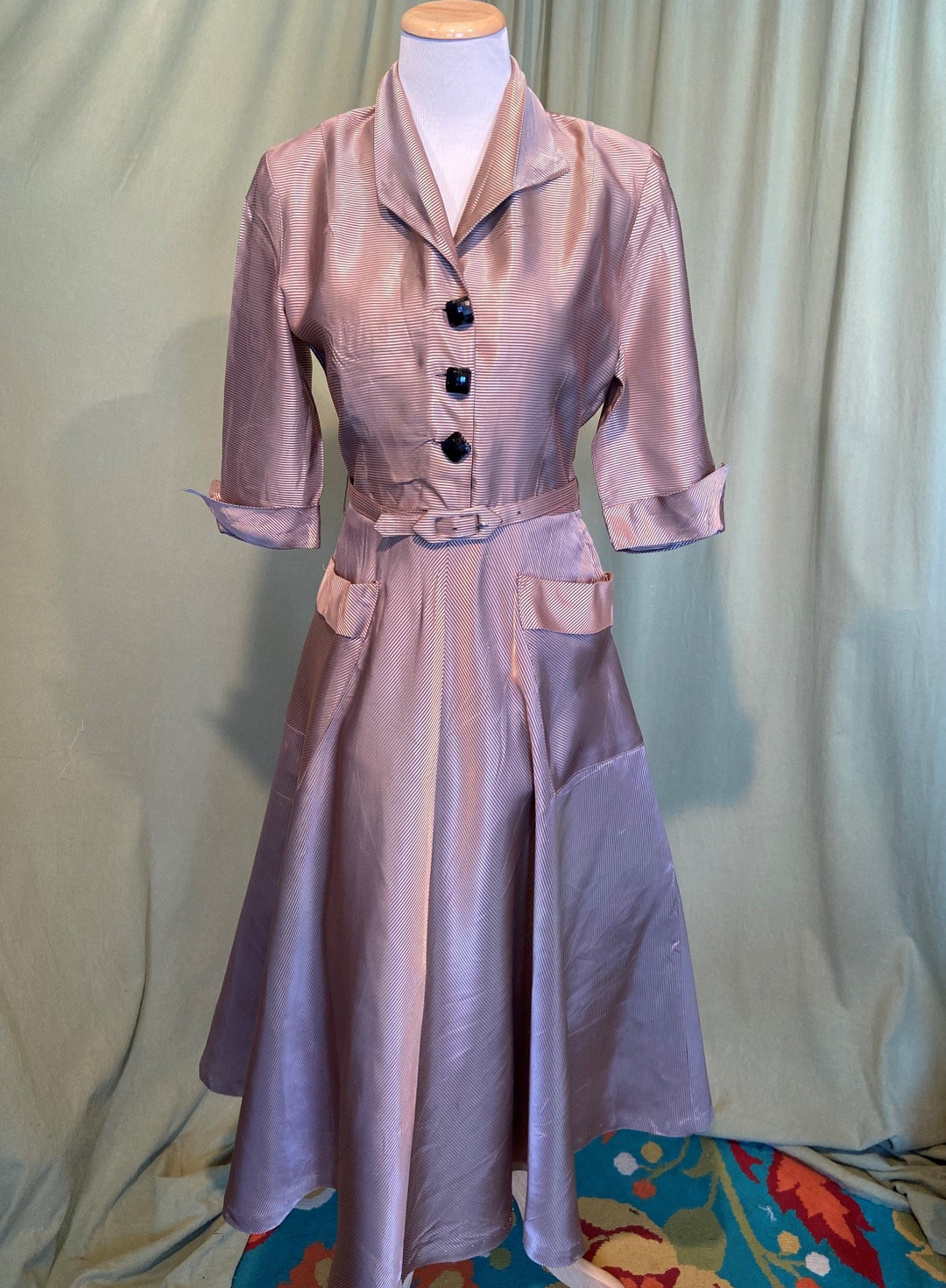 Chic Vintage 40s 50s Mauve & Gray Thin Stripe Belted Fit and - Etsy